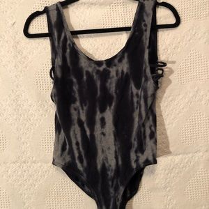 Dark tie dye body suit, cut out on sides